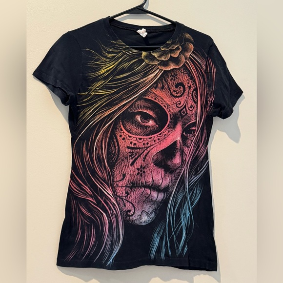 Black Multi Color Sugar Skull Print Tee - Picture 1 of 5